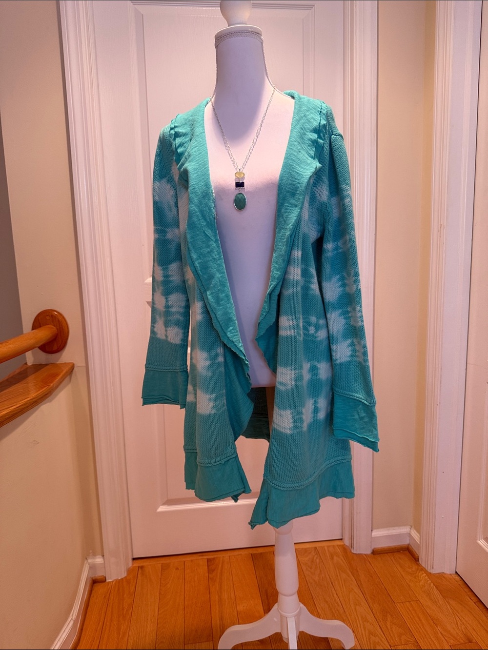 Pur Handknit Teal Knit Cardigan with ruffles
